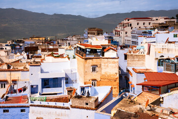 View from above of the houses of Chefchaouen, Morocco. The blue city
