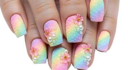 Close-up of luxury rainbow pastel manicure with pearl and flower 3D nail art isolated.