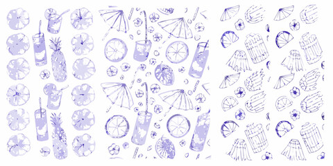 Hand drawn purple watercolor summer drinks and fruits pattern with pineapple and citrus slices