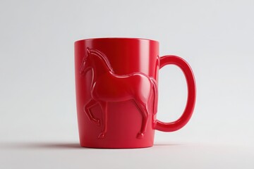 Red mug with embossed horse design on minimalist background in macro style. Red fire lira symbol of 2026