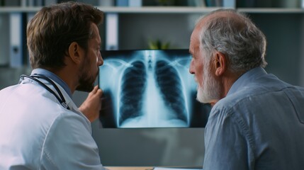 COPD Awareness Month. Doctor gently explaining lung X-ray results to an older patient, medical office, supportive atmosphere