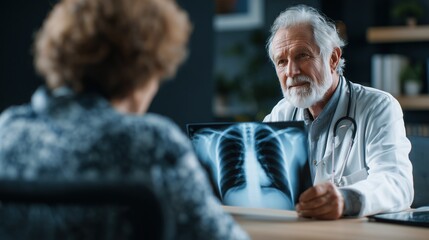 COPD Awareness Month. Doctor gently explaining lung X-ray results to an older patient, medical office, supportive atmosphere