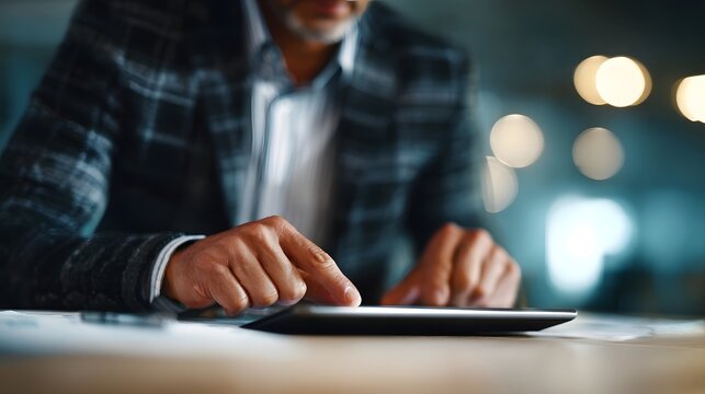 Close up of a businessman s hands using a tablet computer in a modern office environment - Powered by Adobe