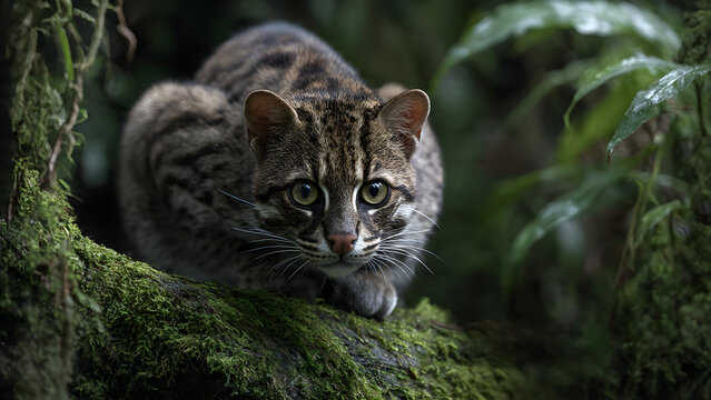 A small wildcat lies on a moss-covered log, its alert eyes and spotted fur detailed against a soft jungle backdrop.