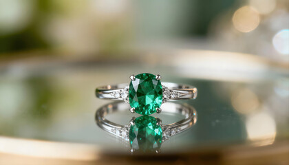 Stunning emerald jewel engagement ring with romantic aesthetic. Beautiful green gemstone with perfect reflection