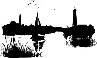 Fototapeta premium lighthouse silhouette vector illustration, ship, silhouette, boat, vector, sea, illustration, transportation, city, travel, icon, black, sail, nautical, vessel, sailboat, bridge, water, set, ocean, ar
