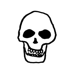 Spooky human skull. Doodle style hand drawn object. Simple isolated outline.