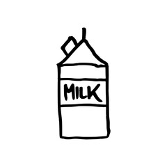 Milk carton. Doodle style hand drawn object. Simple isolated outline.