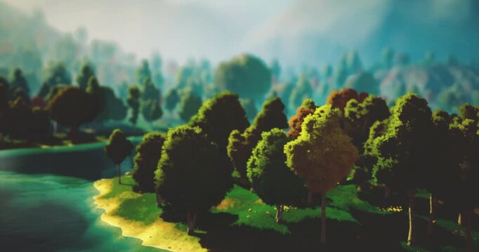 Lush green trees surround a tranquil lake, their colorful leaves glowing in the warm sunlight. Soft morning mist creates a peaceful atmosphere, capturing natures beauty at dawn.