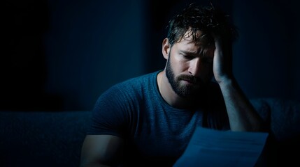 A stressed man holds papers in a dimly lit room his hand on his forehead conveying financial worry and concern