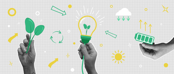 Set of eco zero waste, Halftone appliques hands hold energy carrier battery, lamp and save nature. Concept of ecological use of energy resources, Vector illustration.