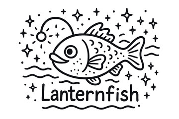 Obraz premium Lanternfish's Starry Glow. Doodle lanternfish with stars, deep sea, and sparkles, center word “Lanternfish” in black and white