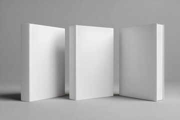 Three Realistic Soft Cover Book Models Displayed Vertically on a Neutral Gray Backdrop