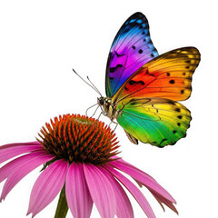 Colorful rainbow butterfly with black spots resting on a pink coneflower isolated on a transparent background