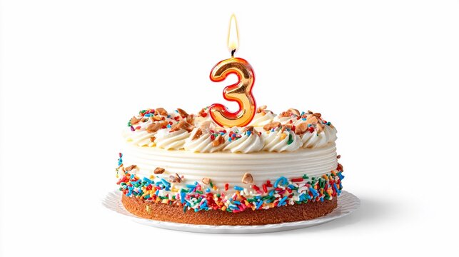 Celebration cake with colorful sprinkles and a candle for third birthday festivity
