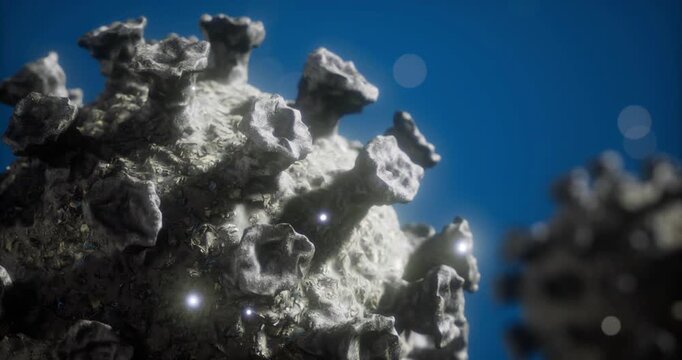 Close up exploration of viral particles reveals complex surfaces and textures. The background suggests a scientific context, enhancing the focus on viral morphology and its implications in health.