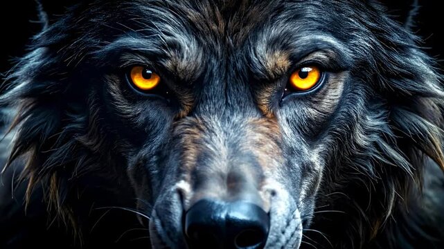 Intense Close-Up of a Ferocious Wolf with Piercing Yellow Eyes.
