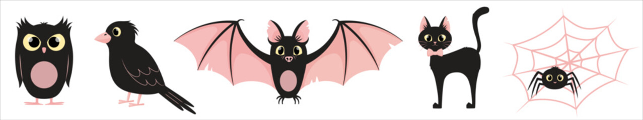 Set of cute Halloween characters . Owl, crow, bat, black cat and spider in web, cartoon animals vector, kids holiday illustration