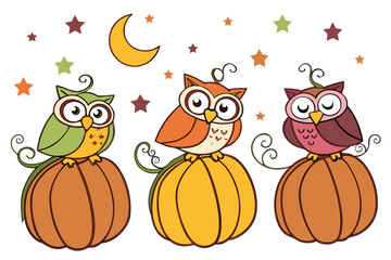 Owl sitting on pumpkin, night Thanksgiving scene  silhouette vector illustration