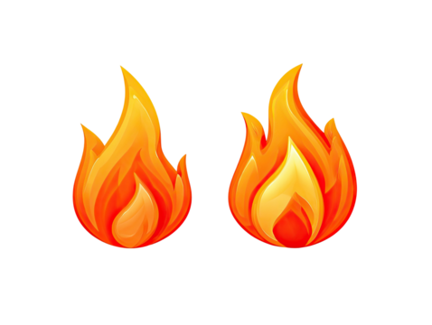 Two stylized cartoon flames against black background
