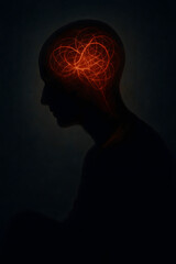 Human silhouette with glowing tangled lines representing chaotic thoughts and mental confusion in abstract artistic concept of mind and emotions, vertical photo