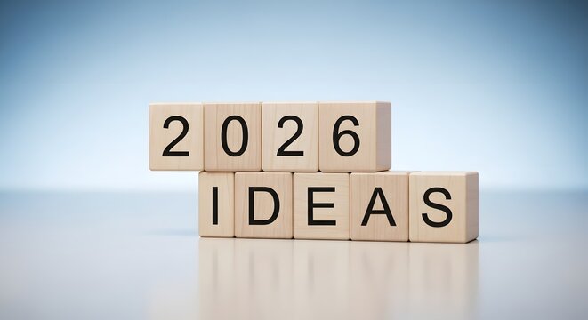 Wooden blocks spell out 2026 ideas against a soft blue gradient background