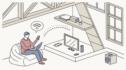 Man sitting in a beanbag chair using a laptop and phone with wifi in a modern attic room setup