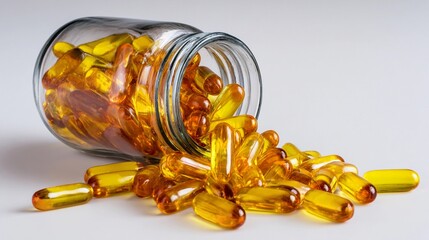 Capsules spill from clear jar revealing vibrant golden colors on white surface showcasing dietary supplements and natural health products