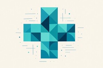 Geometric design featuring a large blue cross shape with various shades and textures against a light background