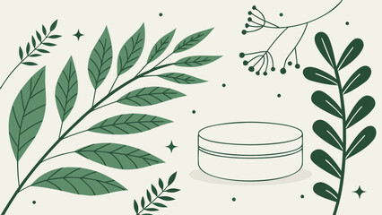 Botanical skincare product presentation with leaves stars and dots on a cream colored background design