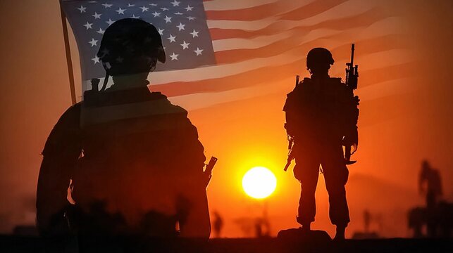 Soldiers stand in front of a sunset with a waving American flag, symbolizing patriotism and sacrifice during military service