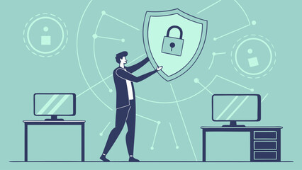 A man holding a shield with a padlock in front of computers and a networked background design element