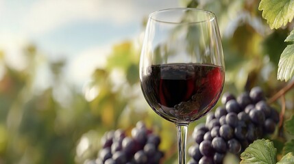 Red wine glass placed elegantly near a vine with ripe grapes in a vineyard under a bright sky during harvest season
