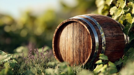 Rustic wooden barrel nestled among vibrant green vines and lavender flowers in a lush vineyard during bright sunlight