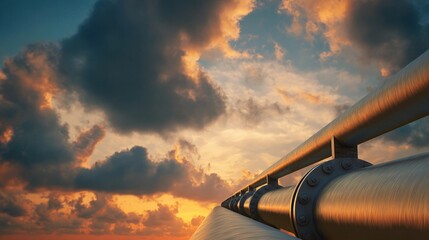 Sunset view over a metallic pipeline under a dramatic sky filled with clouds and warm colors, captured during the evening hours