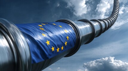 Long pipeline with European Union flag flowing into the sky amidst dynamic clouds over a clear blue background
