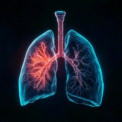 Visual representation of human lungs showing respiratory pathways and their structures in vibrant colors and intricate detail on a dark background