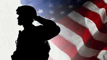 Silhouette of a soldier saluting in front of the American flag during a ceremony honoring veterans
