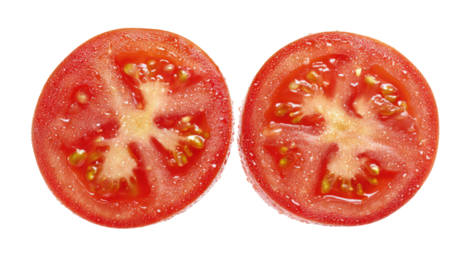 Two halved, vibrant red tomatoes,  showing seeds