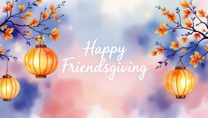 Festive Friendsgiving Poster Design Featuring Elegant Typography with Lanterns and Autumn Leaves on Rustic Background