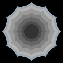 The image depicts an abstract, symmetrical spiral with layered, gray-toned petals radiating from a dark center, evoking a sense of infinite depth and serene mystery.

