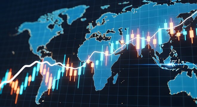 Global financial markets analysis with stock trading charts superimposed on a digital world map representing international business growth and economic trends