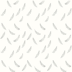 Minimal seamless vector pattern of floating abstract feathers, thin curved line art, soft air flow feel, elegant white on grey design.