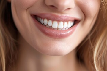 Obraz premium Close-Up of Confident Female Smile with Glossy Lips