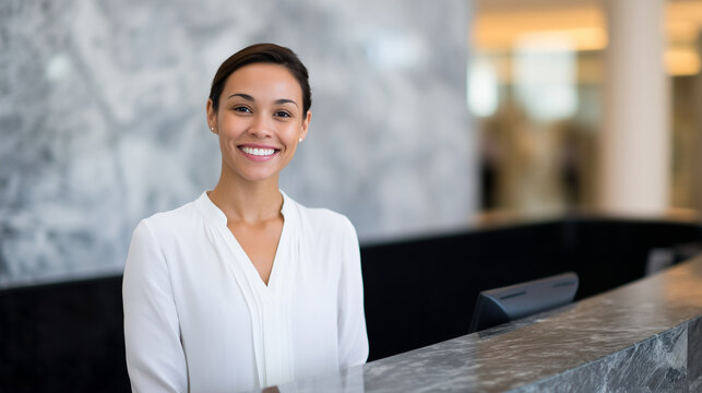 Professional woman at reception desk symbol of hospitality, efficiency, and customer care receptionist, business, hotel, front desk, hospitality, professional, smiling, service, of