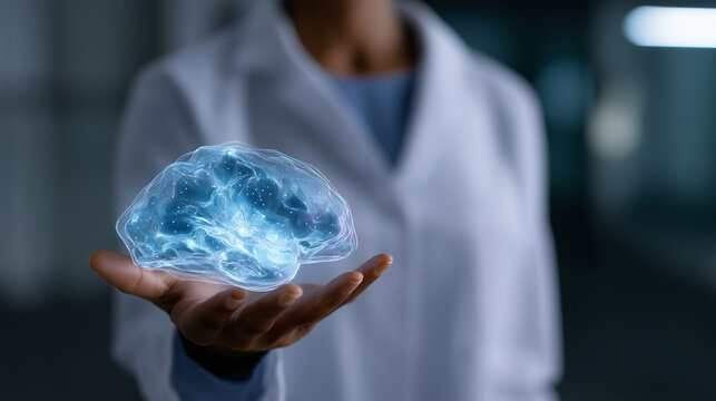 Doctor studying human brain hologram intersection of AI and modern medicine doctor, brain, hologram, AI, technology, neuroscience, research, medical innovation, digital, artificial