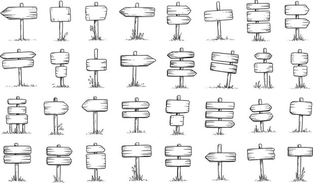 Seamless pattern of hand drawn wooden direction signs with word wanderlust, black and white travel adventure sketch design background