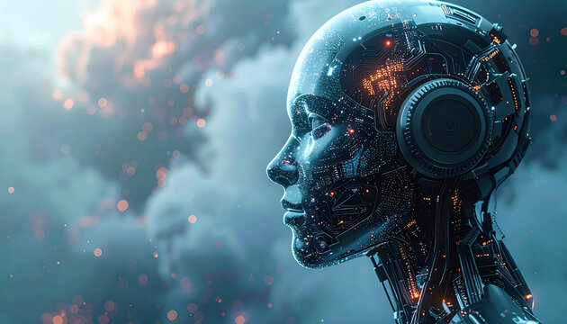 Futuristic humanoid robot with transparent head displays intricate circuitry against cloudy sky, symbolizing advanced technology and artificial intelligence