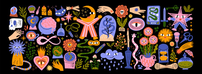 Magic and Pop Art. Esotericism and witchcraft. Mystical hand drawn illustration with magical objects, stars, moon, cats, character, potions, and symbols for witchy art print, tarot card, and fantasy