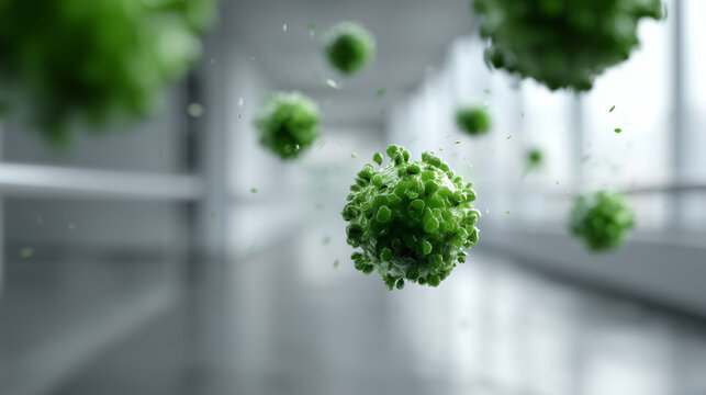 Infectious disease concept virus particles floating in medical corridor virus, infection, bacteria, pandemic, healthcare, hospital, doctor, medicine, microbiology, disease, science - Powered by Adobe
